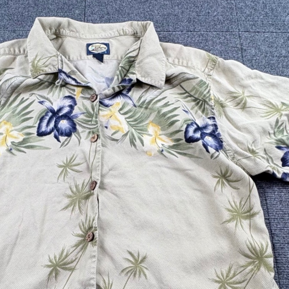 Tommy Bahama Mens Large 100% Silk Floral Palm Tropical Camp Shirt Beige Blue